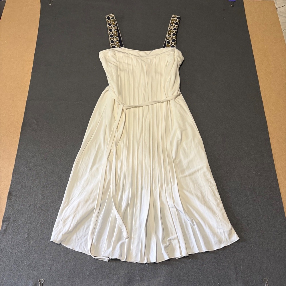 Tory Burch Pleated Midi Dress Women M White Designer Beaded Relaxed Greecian